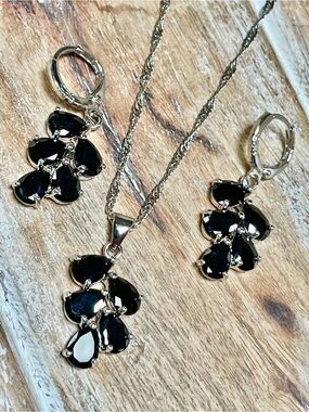 Sterling Silver Necklace & Earrings Set with Black Crystal Teardrop Stones